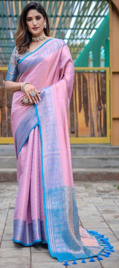 Festive, Traditional Pink and Majenta color Saree in Kanjeevaram Silk fabric with South Weaving, Zari work : 1942515