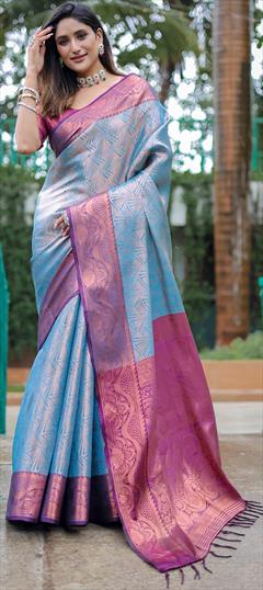 Party Wear, Traditional Blue color Saree in Kanjeevaram Silk fabric with South Weaving, Zari work : 1942516