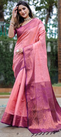 Party Wear, Traditional Pink and Majenta color Saree in Kanjeevaram Silk fabric with South Weaving, Zari work : 1942518