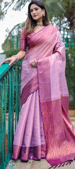Party Wear, Traditional Purple and Violet color Saree in Kanjeevaram Silk fabric with South Weaving, Zari work : 1942519