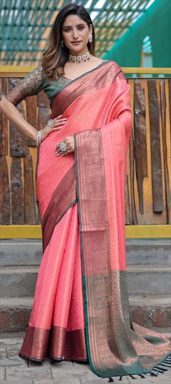 Festive, Traditional Pink and Majenta color Saree in Kanjeevaram Silk fabric with South Weaving, Zari work : 1942521
