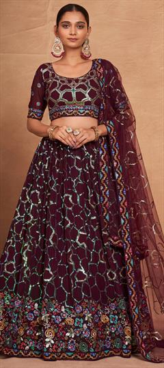 Festive, Reception Purple and Violet color Lehenga in Georgette fabric with Flared Embroidered, Sequence, Thread work : 1942522