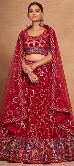 Festive, Reception Red and Maroon color Lehenga in Georgette fabric with Flared Embroidered, Sequence, Thread work : 1942523