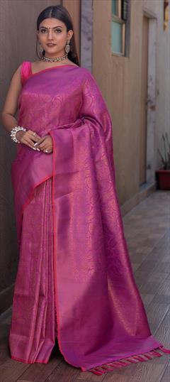 Party Wear, Traditional Pink and Majenta color Saree in Kanjeevaram Silk fabric with South Weaving work : 1942524