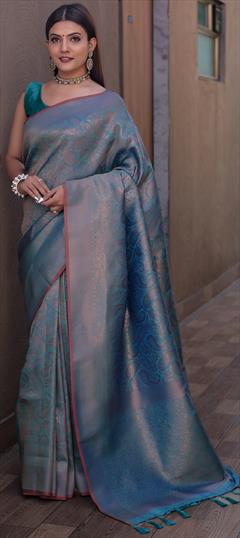 Party Wear, Traditional Black and Grey, Blue color Saree in Kanjeevaram Silk fabric with South Weaving work : 1942525