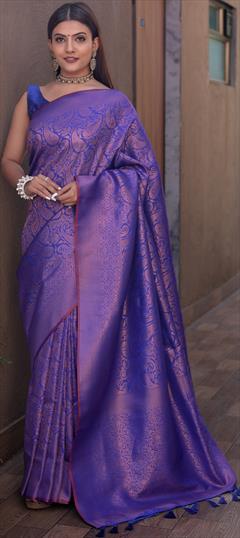 Party Wear, Traditional Blue color Saree in Kanjeevaram Silk fabric with South Weaving work : 1942526