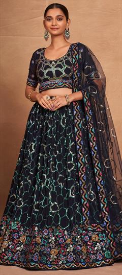 Festive, Reception Blue color Lehenga in Georgette fabric with Flared Embroidered, Sequence, Thread work : 1942532