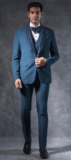 Party Wear, Wedding Blue color Tuxedo in Italian fabric with Embroidered, Swarovski, Thread work : 1942563