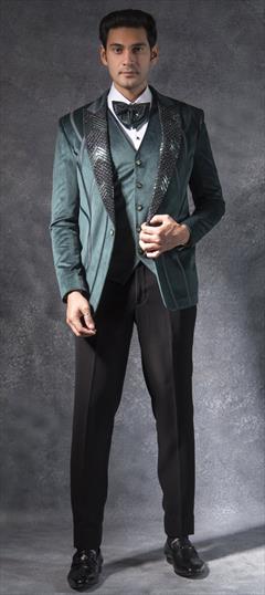 Party Wear, Wedding Green color Tuxedo in Cotton fabric with Embroidered, Thread, Zardozi work : 1942564