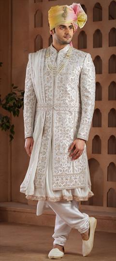 Reception, Wedding White and Off White color Sherwani in Art Silk fabric with Bugle Beads, Embroidered, Stone, Thread work : 1942580