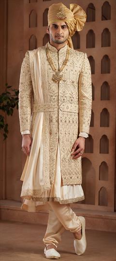 Reception, Wedding Beige and Brown color Sherwani in Art Silk fabric with Bugle Beads, Cut Dana, Embroidered work : 1942581