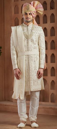 Reception, Wedding White and Off White color Sherwani in Art Silk fabric with Bugle Beads, Thread, Zardozi work : 1942582