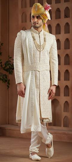 Reception, Wedding White and Off White color Sherwani in Art Silk fabric with Bugle Beads, Embroidered, Sequence, Thread work : 1942584