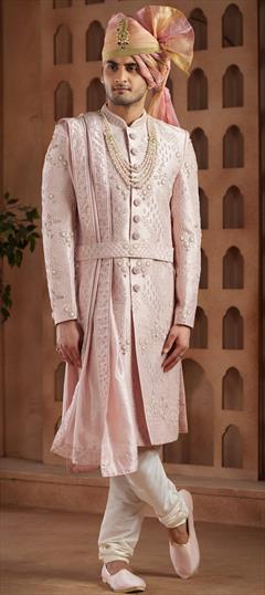 Reception, Wedding Pink and Majenta color Sherwani in Art Silk fabric with Bugle Beads, Thread work : 1942585