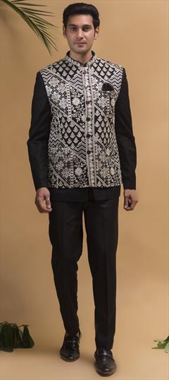 Reception, Wedding Black and Grey color Jodhpuri Suit in Rayon fabric with Embroidered, Resham, Thread work : 1942621