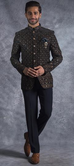 Wedding Blue color Jodhpuri Suit in Velvet fabric with Broches, Embroidered, Resham, Sequence work : 1942639