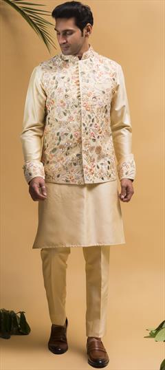 Festive, Wedding Beige and Brown color Kurta Pyjama with Jacket in Silk fabric with Embroidered, Resham, Thread work : 1942643