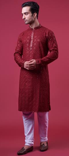 Party Wear Red and Maroon color Kurta Pyjamas in Rayon fabric with Embroidered, Sequence work : 1942653