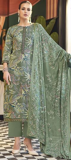 Festive, Reception Green color Salwar Kameez in Cotton fabric with Palazzo, Straight Embroidered, Printed work : 1942657
