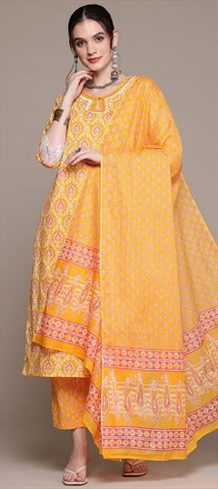 Festive, Summer Yellow color Salwar Kameez in Cotton fabric with Straight Bugle Beads, Lace, Printed work : 1942673