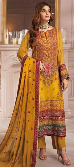 Festive, Reception, Wedding Yellow color Salwar Kameez in Faux Georgette fabric with Pakistani, Straight Embroidered, Resham, Sequence work : 1942856
