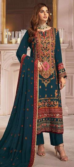 Festive, Reception, Wedding Blue color Salwar Kameez in Faux Georgette fabric with Pakistani, Straight Embroidered, Resham, Sequence work : 1942858