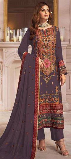 Festive, Reception, Wedding Purple and Violet color Salwar Kameez in Faux Georgette fabric with Pakistani, Straight Embroidered, Resham, Sequence work : 1942862