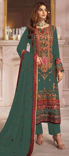 Festive, Reception, Wedding Green color Salwar Kameez in Faux Georgette fabric with Pakistani, Straight Embroidered, Resham, Sequence work : 1942864