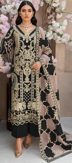 Festive, Reception, Wedding Black and Grey color Salwar Kameez in Organza Silk fabric with Pakistani, Straight Embroidered, Sequence, Thread work : 1942865