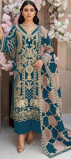 Festive, Reception, Wedding Blue color Salwar Kameez in Organza Silk fabric with Pakistani, Straight Embroidered, Sequence, Thread work : 1942867