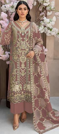 Festive, Reception, Wedding Beige and Brown color Salwar Kameez in Organza Silk fabric with Pakistani, Straight Embroidered, Sequence, Thread work : 1942869