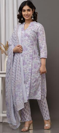 Summer Purple and Violet color Salwar Kameez in Cotton fabric with Straight Floral, Lace, Printed work : 1942871