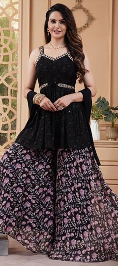 Festive, Reception Black and Grey color Salwar Kameez in Georgette fabric with Anarkali, Palazzo Embroidered, Floral, Printed, Resham, Thread work : 1942878