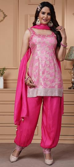 Festive, Reception Pink and Majenta color Salwar Kameez in Jacquard fabric with Patiala, Straight Bugle Beads, Cut Dana, Patch work : 1942879