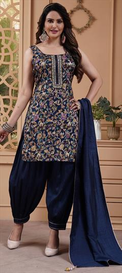 Festive, Reception Blue color Salwar Kameez in Jacquard fabric with Patiala, Straight Bugle Beads, Mirror, Thread work : 1942880