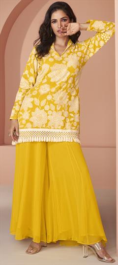 Festive, Reception Yellow color Salwar Kameez in Georgette fabric with Embroidered, Lace, Sequence, Thread work : 1942897