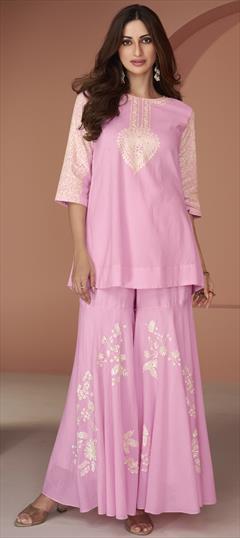 Festive, Reception Pink and Majenta color Salwar Kameez in Georgette fabric with Embroidered, Lace, Sequence, Thread work : 1942898