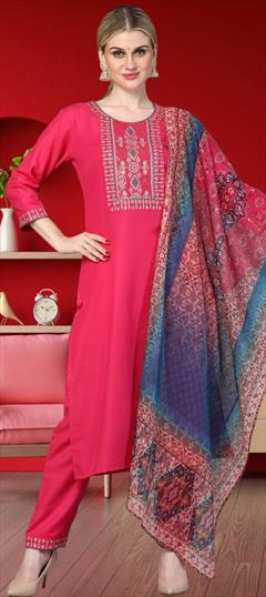 Festive, Reception Pink and Majenta color Salwar Kameez in Rayon fabric with Straight Embroidered, Thread work : 1942902