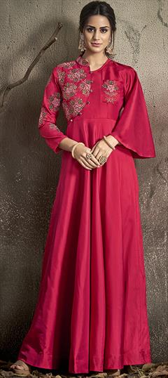Festive, Reception Pink and Majenta color Gown in Taffeta Silk fabric with Embroidered, Thread work : 1942905