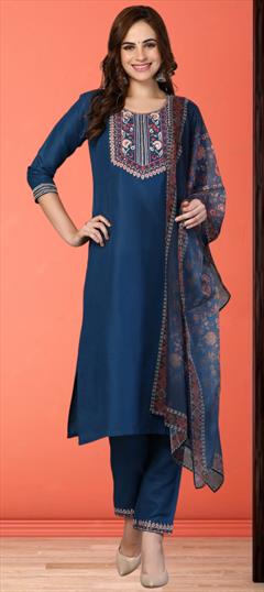 Festive, Reception Blue color Salwar Kameez in Rayon fabric with Straight Embroidered, Thread work : 1942906