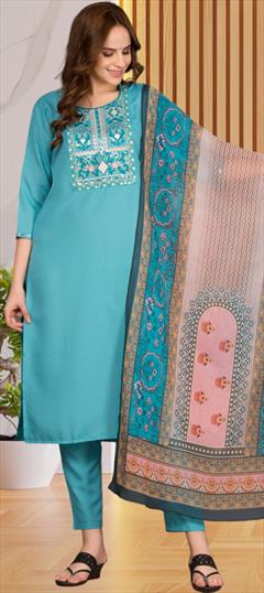 Festive, Reception Blue color Salwar Kameez in Rayon fabric with Straight Embroidered, Thread work : 1942908