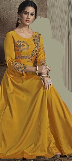Festive, Reception Yellow color Gown in Taffeta Silk fabric with Embroidered, Thread work : 1942914
