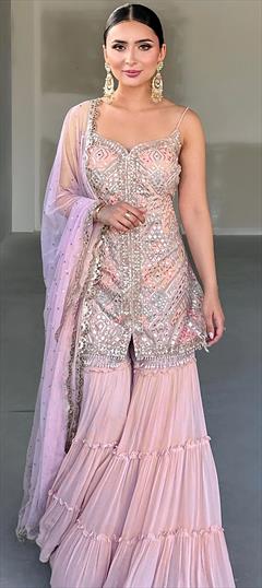 Festive, Reception, Wedding Pink and Majenta color Salwar Kameez in Faux Georgette fabric with Sharara, Straight Embroidered, Sequence work : 1942923