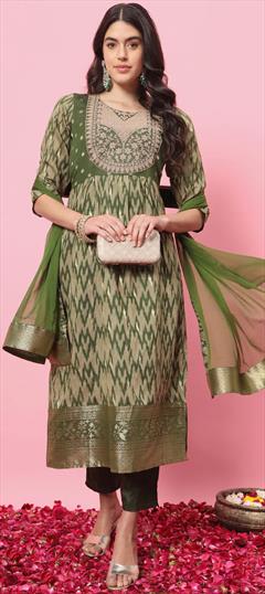 Festive, Reception Beige and Brown, Green color Salwar Kameez in Cotton, Silk fabric with Anarkali Embroidered, Thread, Zari work : 1942926
