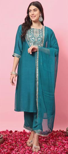 Festive, Reception Blue color Salwar Kameez in Blended fabric with Straight Embroidered, Thread work : 1942929