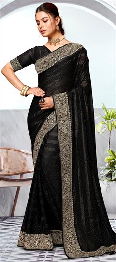 Reception, Traditional Black and Grey color Saree in Art Silk fabric with South Embroidered, Swarovski, Thread, Zari work : 1942948