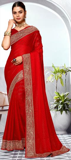 Reception, Traditional Red and Maroon color Saree in Art Silk fabric with South Embroidered, Swarovski, Thread, Zari work : 1942949