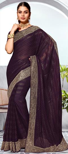 Reception, Traditional Purple and Violet color Saree in Art Silk fabric with South Embroidered, Swarovski, Thread, Zari work : 1942950