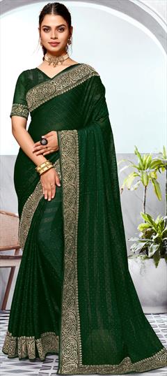 Reception, Traditional Green color Saree in Art Silk fabric with South Embroidered, Swarovski, Thread, Zari work : 1942951