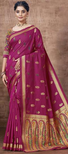 Reception, Traditional Purple and Violet color Saree in Silk fabric with South Weaving work : 1942955